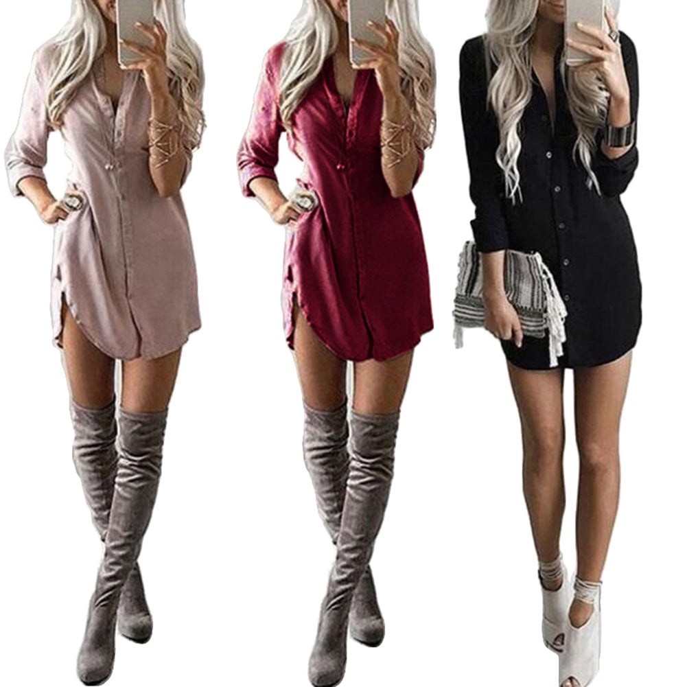 Fashion Lady Long Sleeve Shirt Casual Loose Button Down Blouse Solid Color Top