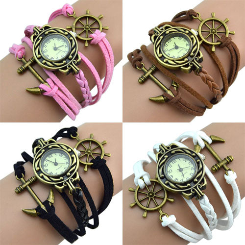 Lady Retro Rudder Anchor Charm Faux Leather Band Bracelet Quartz Wrist Watch