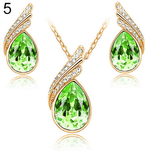 Women's Party Banquet Waterdrop Jewelry Set Crystal Pendant Necklace Earrings Golden Tone