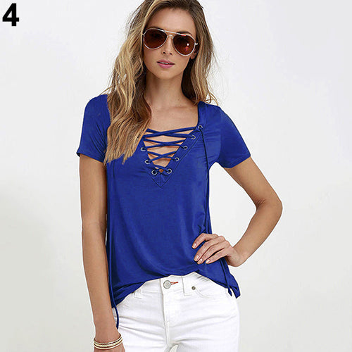 Women Summer Plus Size Sexy Top casual Strappy V-Neck Tees Fashion T-Shirt