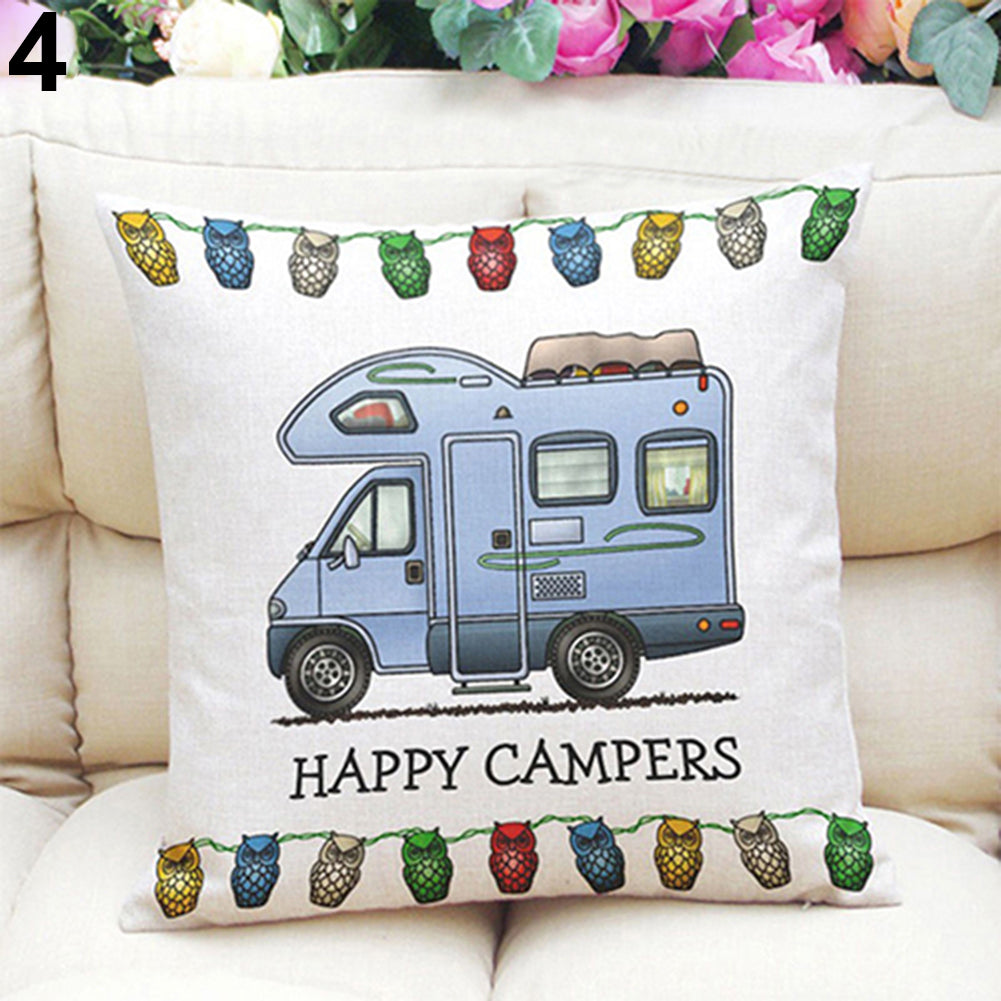 Happy Campers Soft Linen Pillow Sofa Case Waist Throw Cushion Cover Home Decor