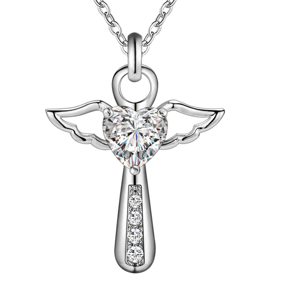 Jesus Cross Love Angel Heart Wing Silver Plated Pendant Necklace Women Girl Gift