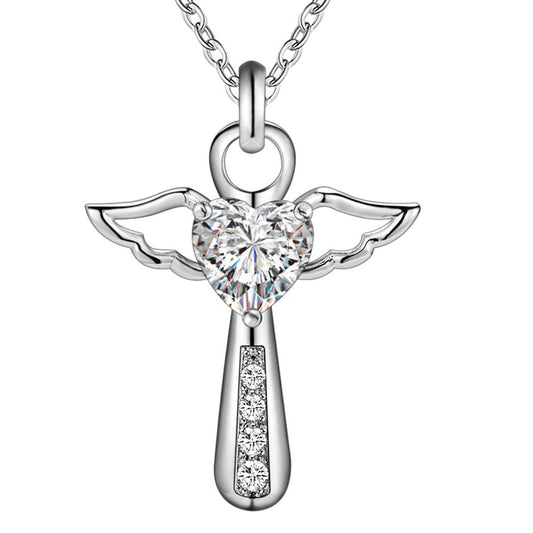 Jesus Cross Love Angel Heart Wing Silver Plated Pendant Necklace Women Girl Gift
