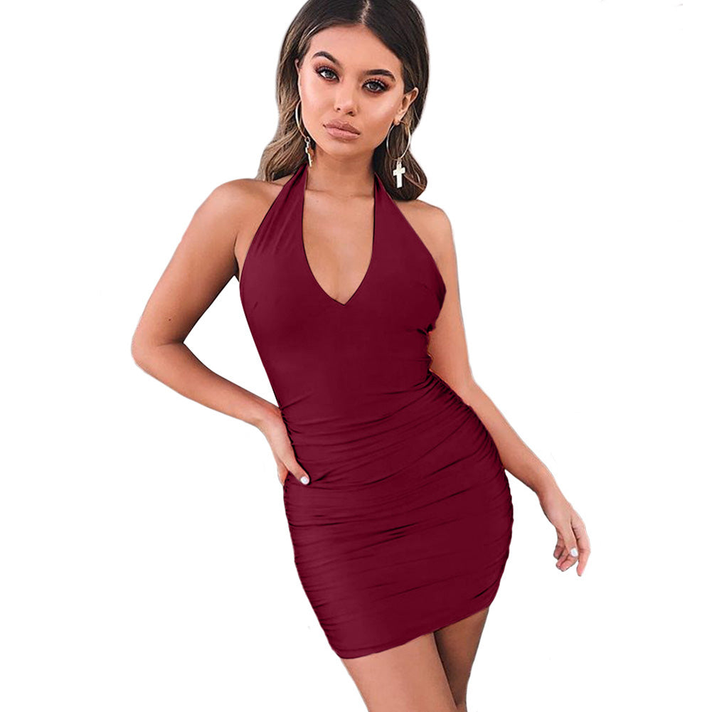 Women's Sexy Backless V Neck Solid Color Sleeveless Bodycon Summer Dress