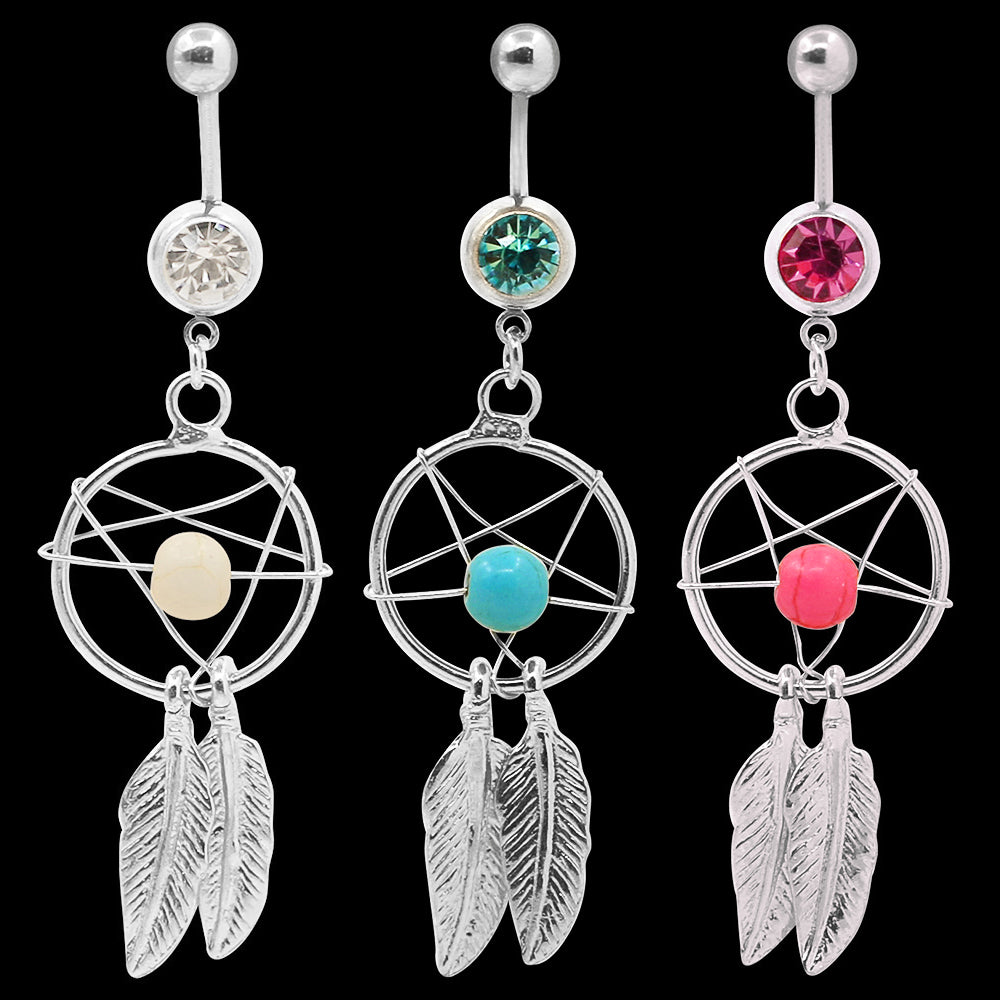 Sexy 14G Feather Bead Dangle Belly Barbell Button Bar Ring Women Bikini Jewelry