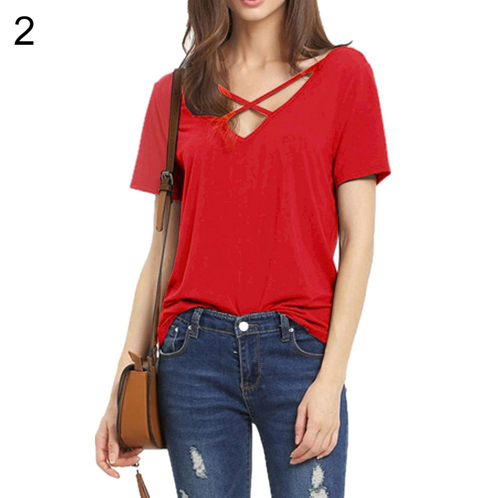 Fashion Women Deep V-neck Crossed Strap Short Sleeve T-shirt Casual Tee Shirt