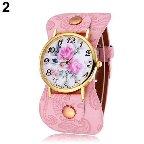 Women's Arabic Numerals Peony Floral Dial Wide Faux Leather Bracelet Wrist Watch