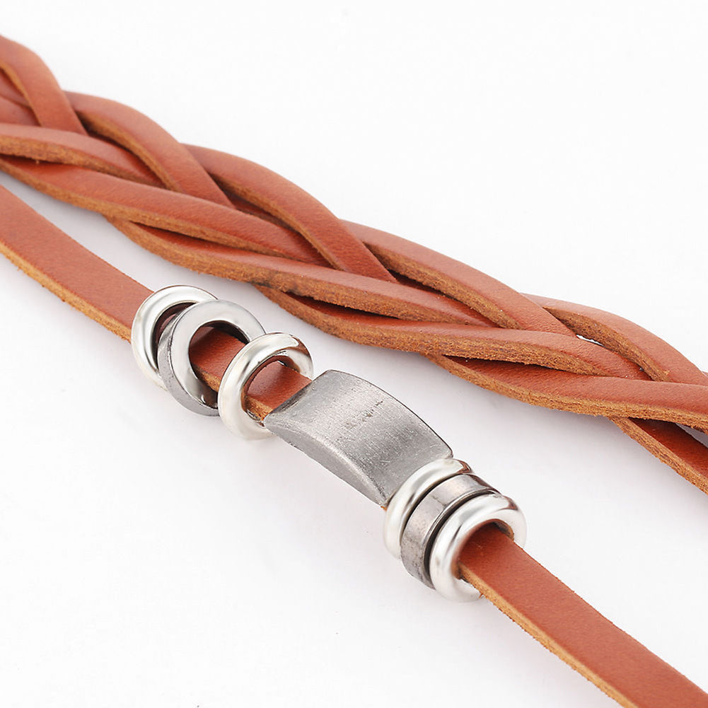 Men Vintage Braided Faux Leather Stainless Steel Cuff Bangle Bracelet Wristband