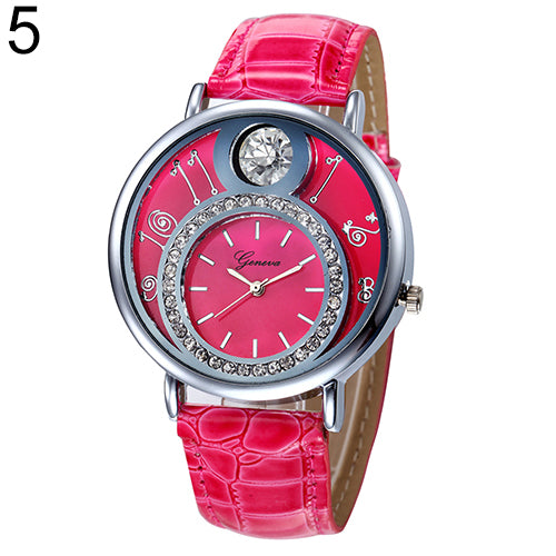 Women's Luxury Rhinestone Round Dial Faux Leather Strap Quartz Wrist Watch