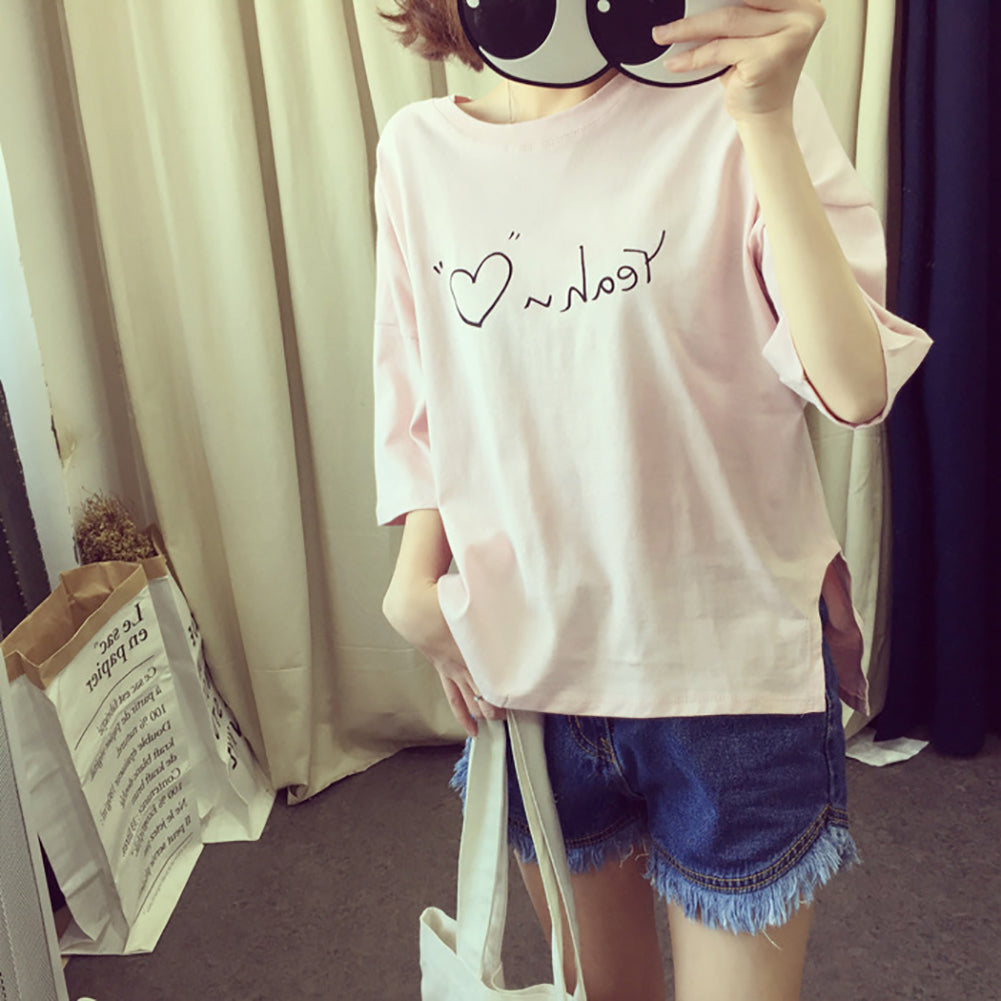 Letter Love Heart Print Women Round Neck Short Sleeve Top Tee Summer T-Shirt