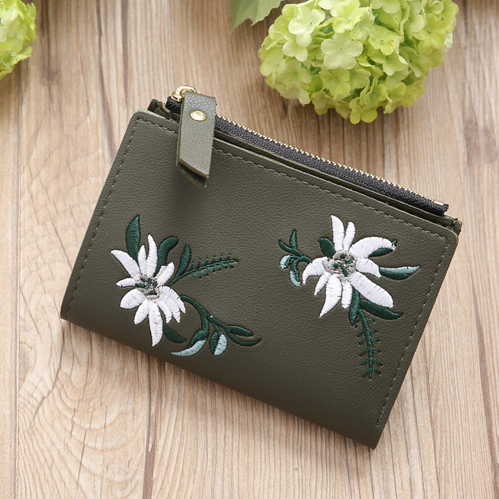 Embroidery Flower Faux Leather Women Girl Coin Purse Card Holder Short Wallet