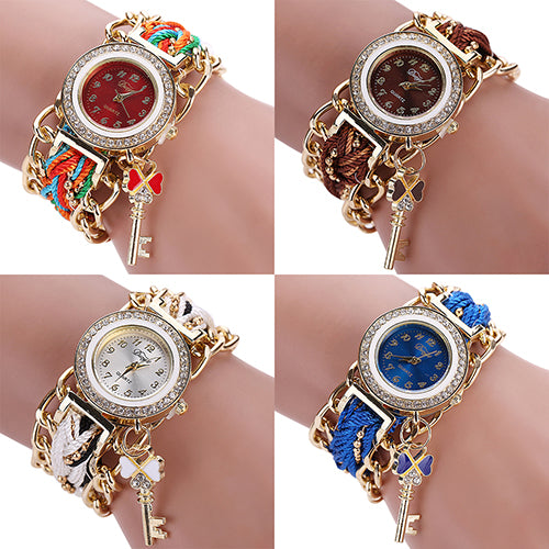 Women's Fashion Rhinestone Clover Key Pendant Braided String Chain Wrist Watch