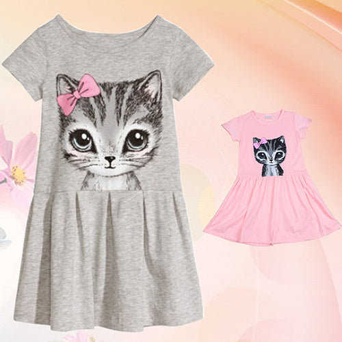 Kids Girls Fashion Summer Short Sleeve Cute Cat Bowknot Dress O-Neck Dress