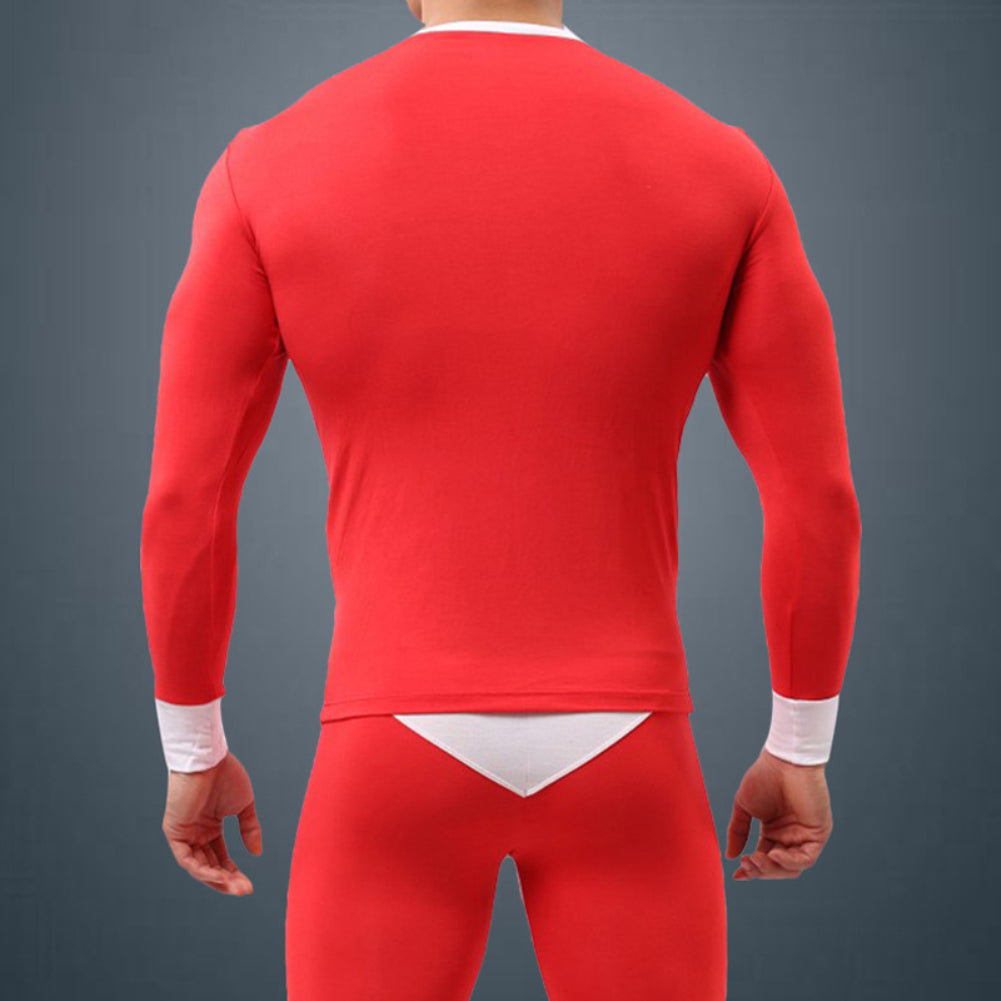 Winter Men Ultra Soft Color Block Thermal Underwear Set Top T-Shirt + Long Pants
