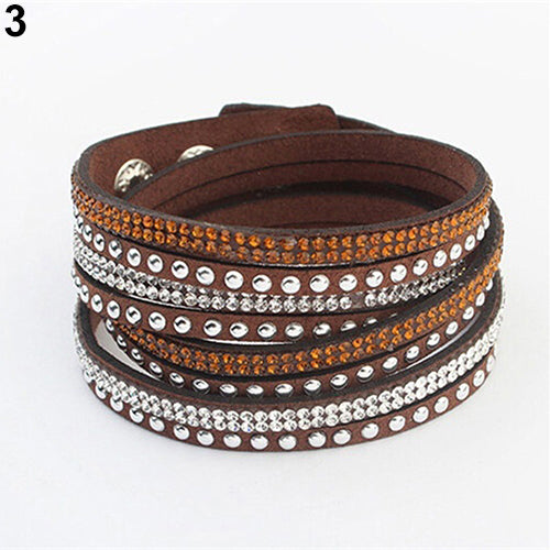 Women's Multilayer Faux Leather Punk Rhinestone Cuff Bracelet Bangle Wristband