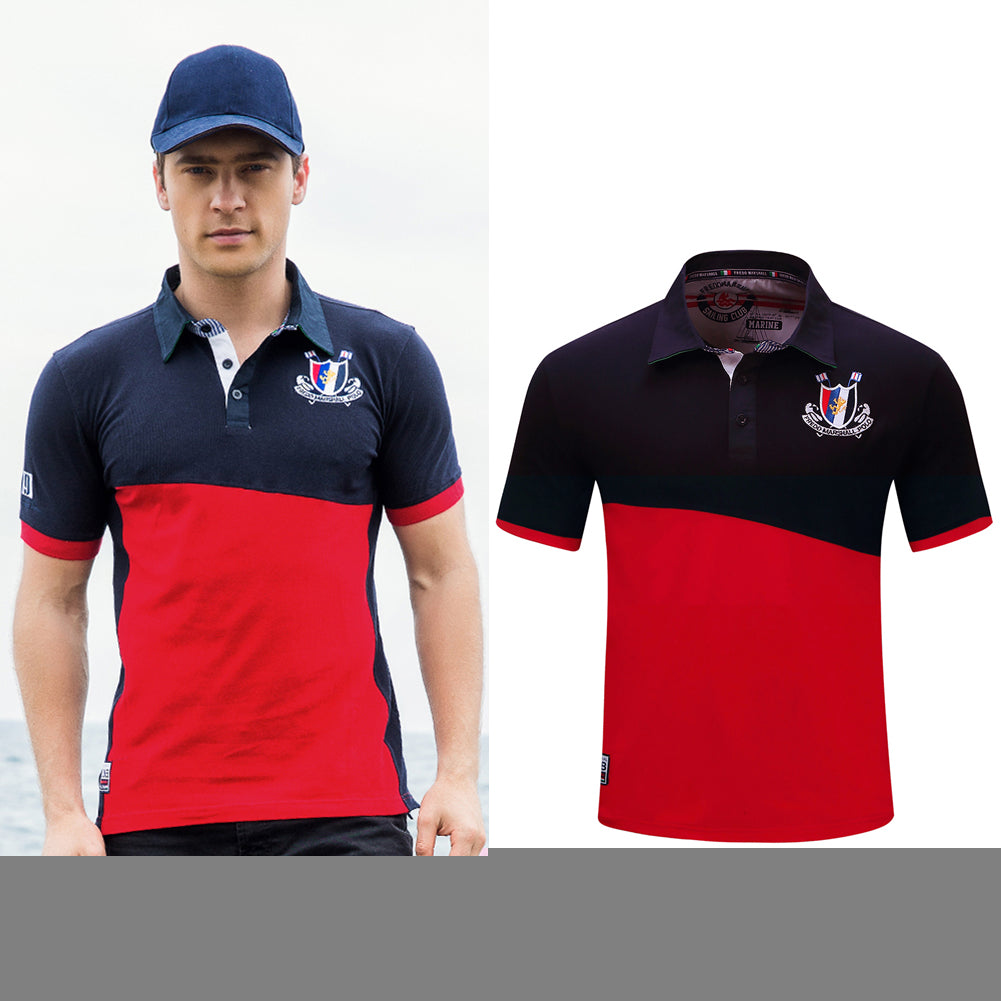 Men Cotton Polo Shirt Spring Summer Short Sleeve T-shirt Color Patchwork Tee Top