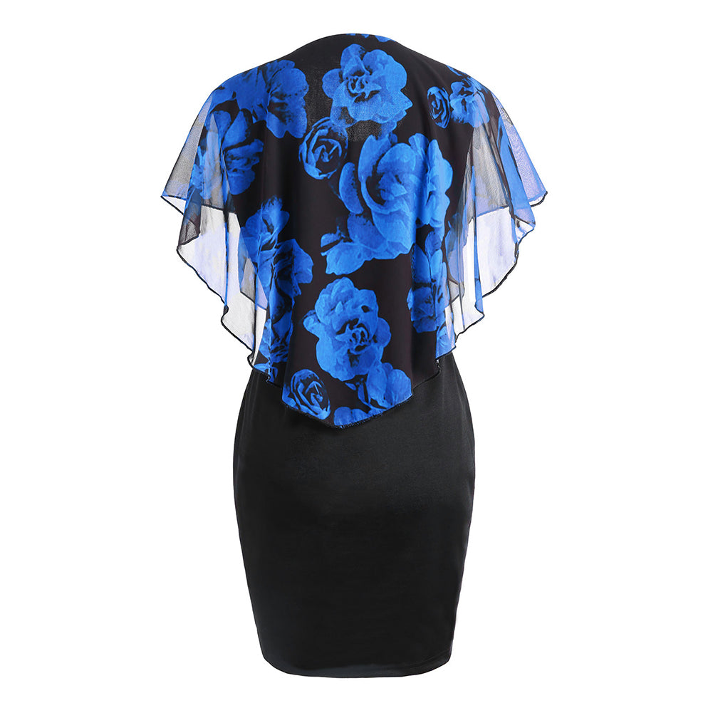 Fashion Elegant Rose Floral Print Shawl Design Round Neck Slim Fit Women Dress