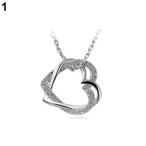 Women's Fashion Silver Plated Double Hearts Rhinestone Pendant Long Necklace