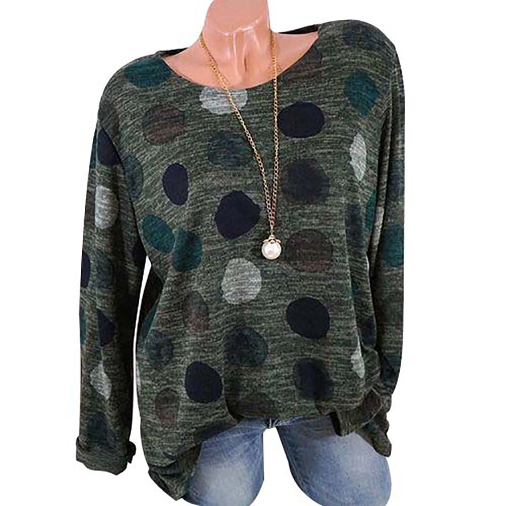 Fashion Dot Printed Round Neck Long Sleeve Women Casual Pullover T-shirt Top