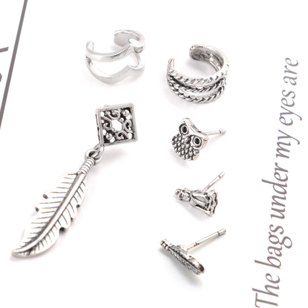 6 Pcs/Set Boho Owl Buddha Feather Hollow Ear Cuff Ear Stud Cartilage Earrings