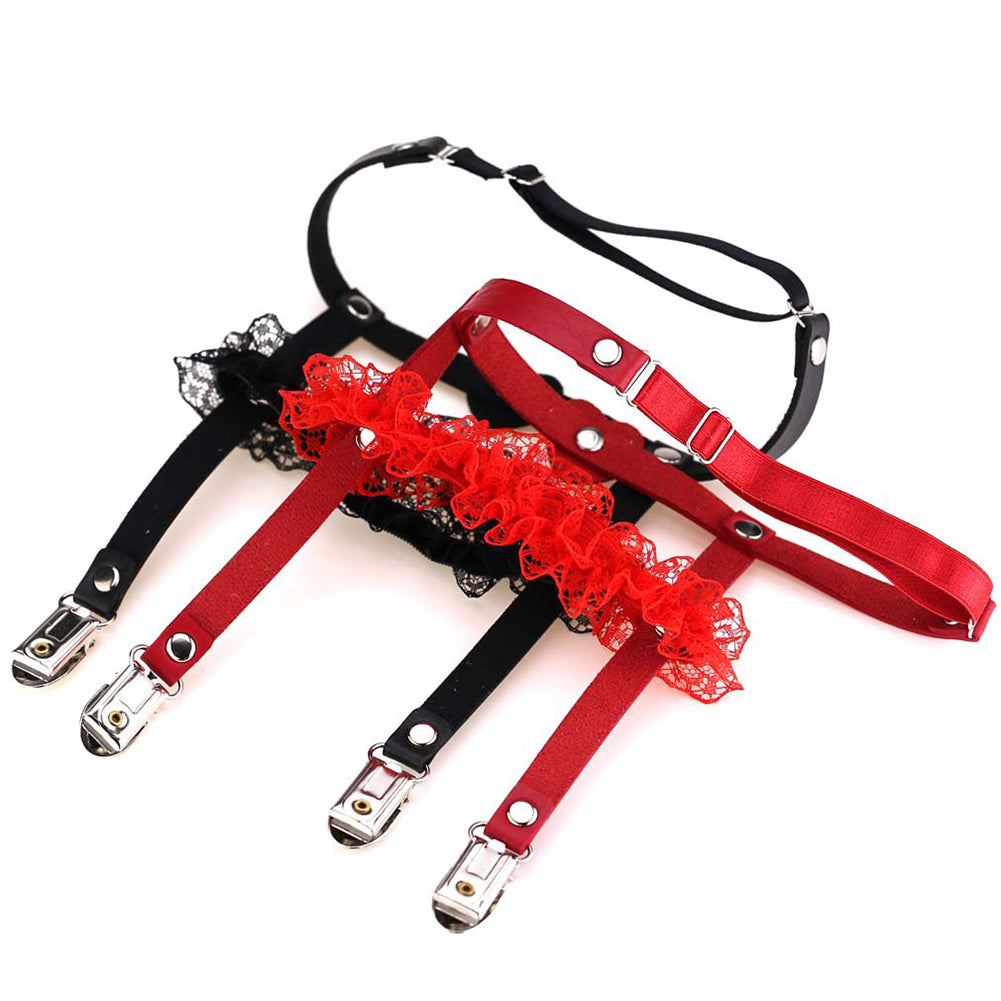 Punk Sexy Love Heart Faux Leather Foot Leg Clips Lace Hem Off Socks Garter