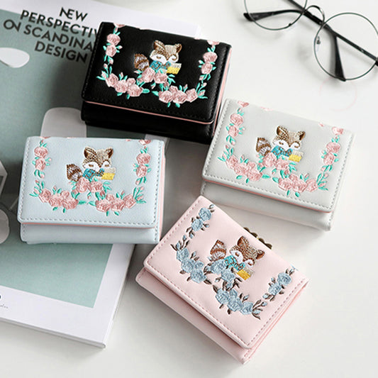 Lovely Faux Leather Little Fox Floral Embroidery Short Wallet Women Purse Gift