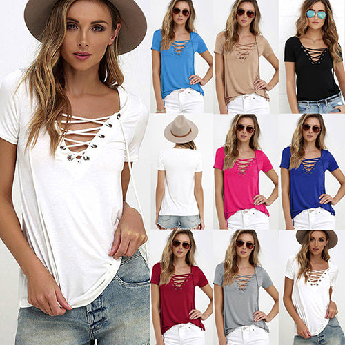 Women Summer Plus Size Sexy Top casual Strappy V-Neck Tees Fashion T-Shirt