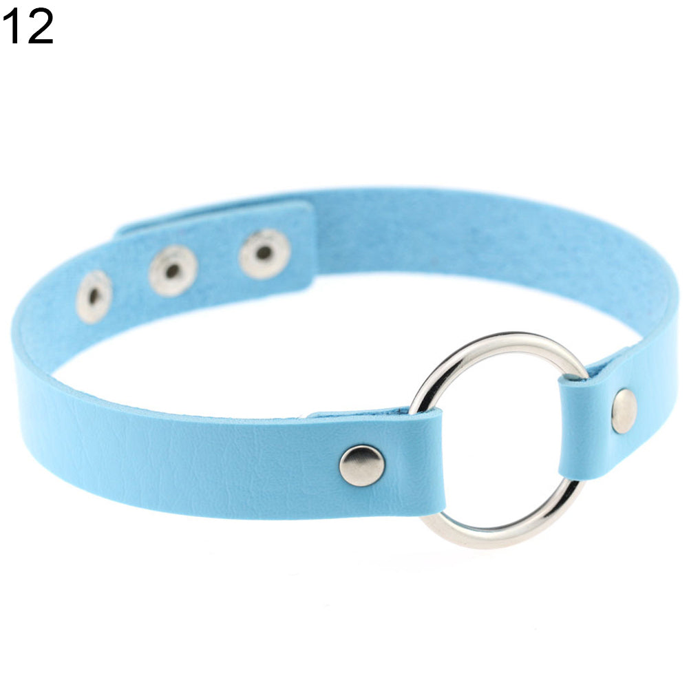 Women Fashion Punk Choker O-Ring Faux Leather Rivets Collar Short Necklace