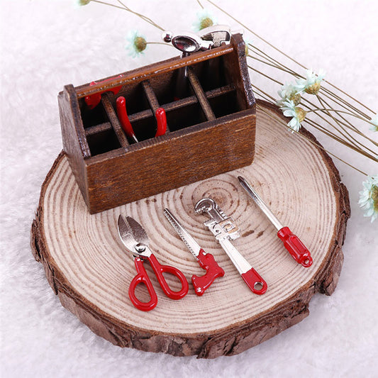 Miniature Wooden Box with Metal Tool Set Collection for 1/12 Dollhouse Decor
