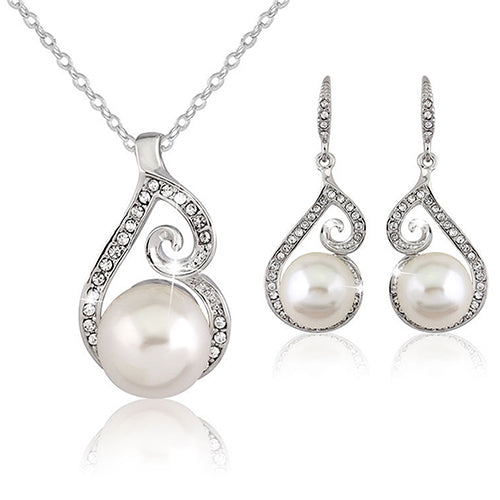 Party Women Rhinestone Big Faux Pearl Necklace Hook Earrings Set Fashion Jewelry