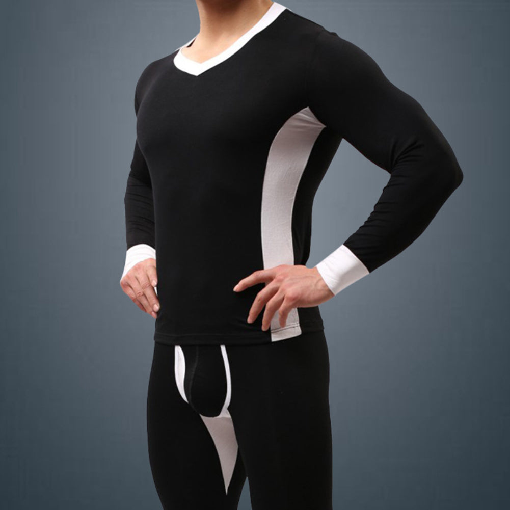 Winter Men Ultra Soft Color Block Thermal Underwear Set Top T-Shirt + Long Pants