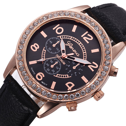 Fashion Women Geneva Rhinestone Big Dial Faux Leather Analog Wrist Watch Gifts