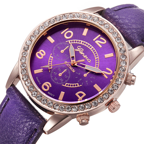 Fashion Women Geneva Rhinestone Big Dial Faux Leather Analog Wrist Watch Gifts