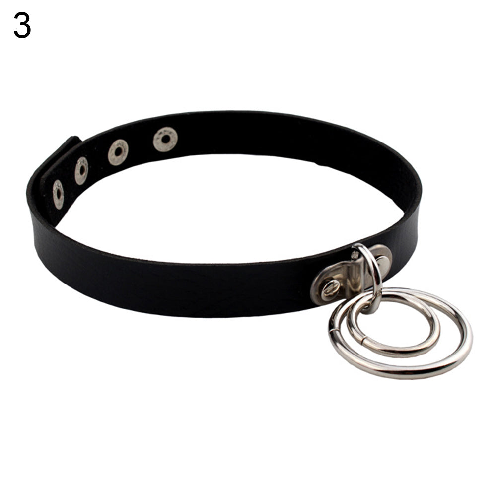 Lady Fashion Punk Choker Double Rings Pendant Faux Leather Short Collar Necklace