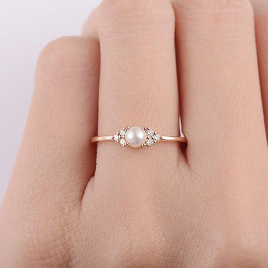Faux Pearl Rhinestone Inlaid Fashion Women Slim Ring Engagement Proposal Band