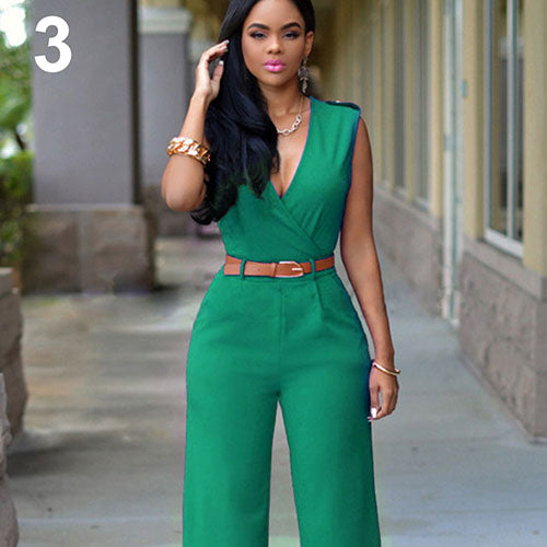 Women Sleeveless V-Neck High Waist Wide Leg Romper Pants Jumpsuit with Belt