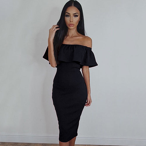 Women Off the Shoulder Ruffled Collar Bodycon Package Hip Party Club Sexy Dress