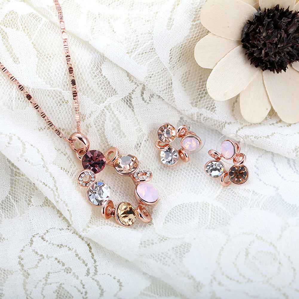 Fashion Multicolor Rhinestone Beads Circle Women Necklace Earrings Jewelry Set