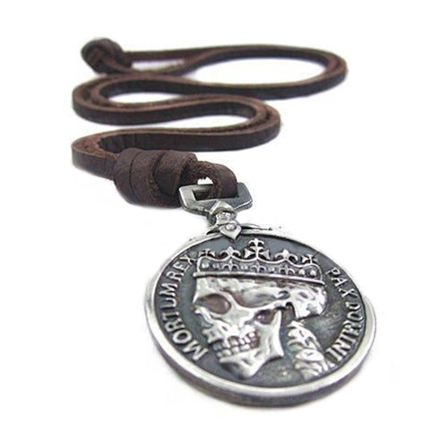 Men's Women's Round Skull Charm Vintage Genuine Leather Necklace Sweater Chain
