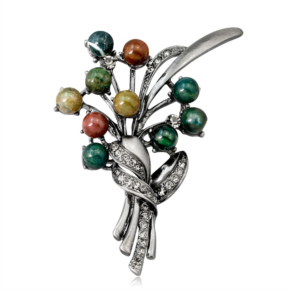 Round Stone Bead Shiny Rhinestone Flower Bouquet Style Women Brooch Pin Jewelry