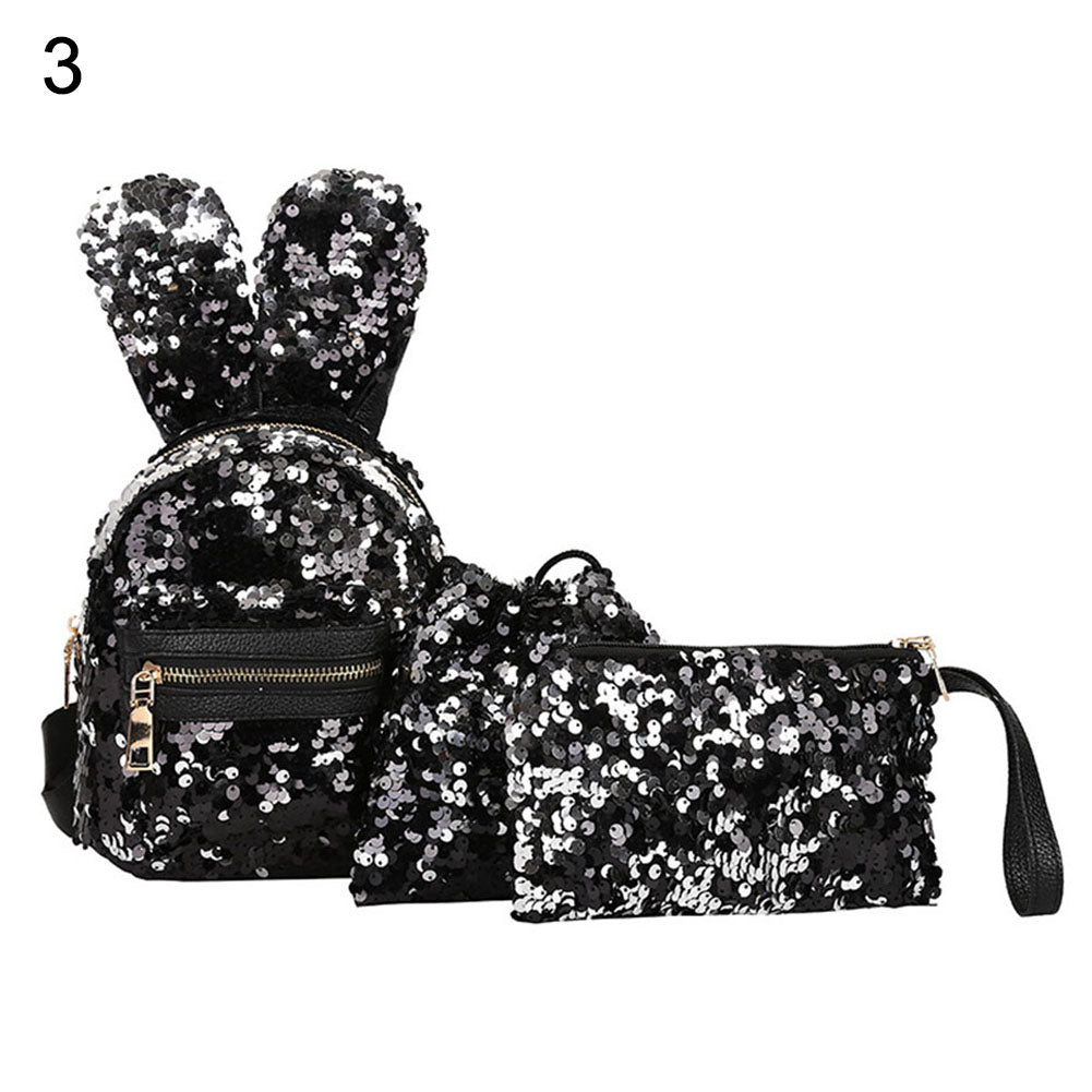 3Pcs Women Sequin Rabbit Ear Fashion Handbag Shoulder Crossbody Bag Pouch