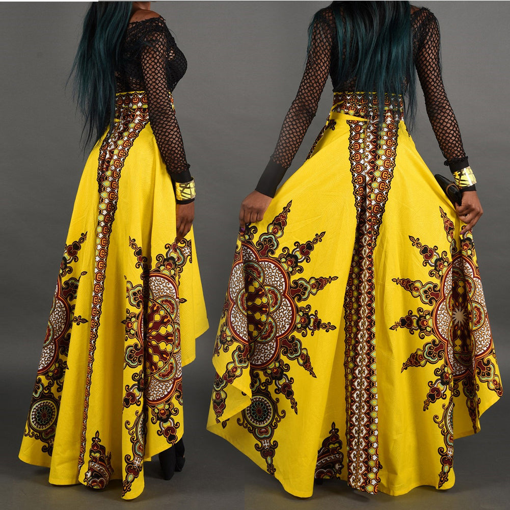 Ethnic Pattern Irregular Women Spring Summer Party Banquet Long Umbrella Skirt