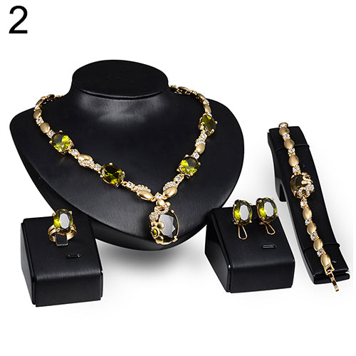 Retro Women Zircon Waterdrop Pendant Necklace Ring Earrings Bracelet Jewelry Set