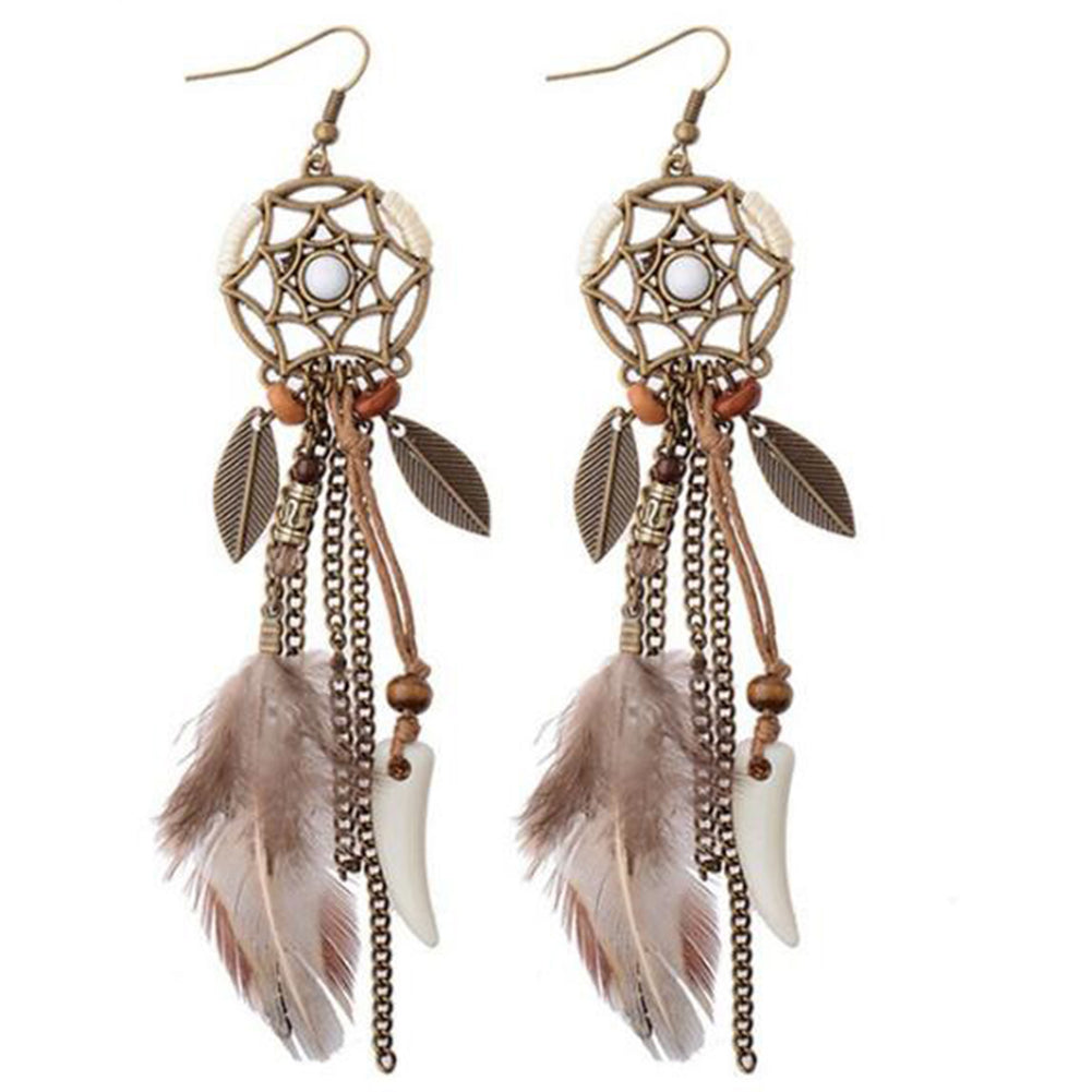 Retro Hollowed Star Feather Leaves Tassels Hook Earrings Women Ear Charm Decor