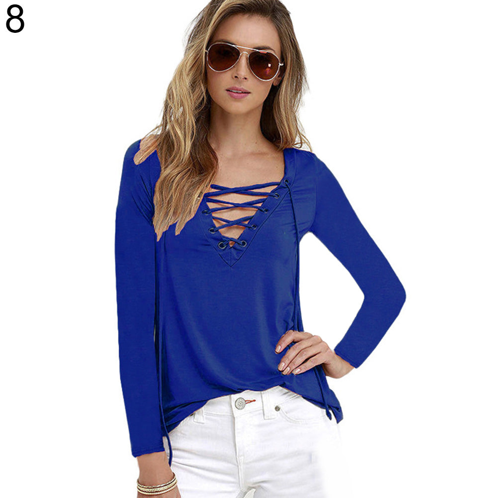 Women Sexy Plain Deep V Neck Cross Eyelet Lace Up Long Sleeve Blouse Top Shirt