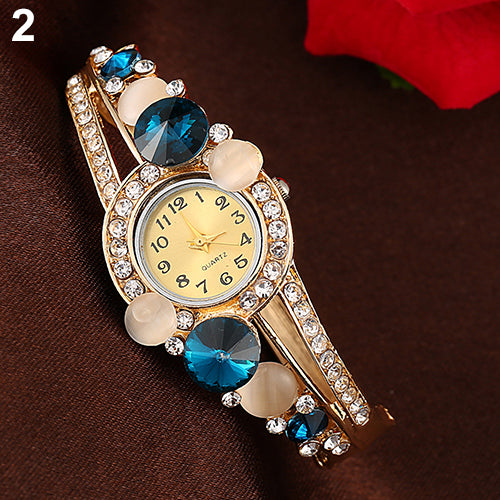 Women Retro Hollow Faux Opal Rhinestone Inlaid Cuff Bangle Wrist Watch