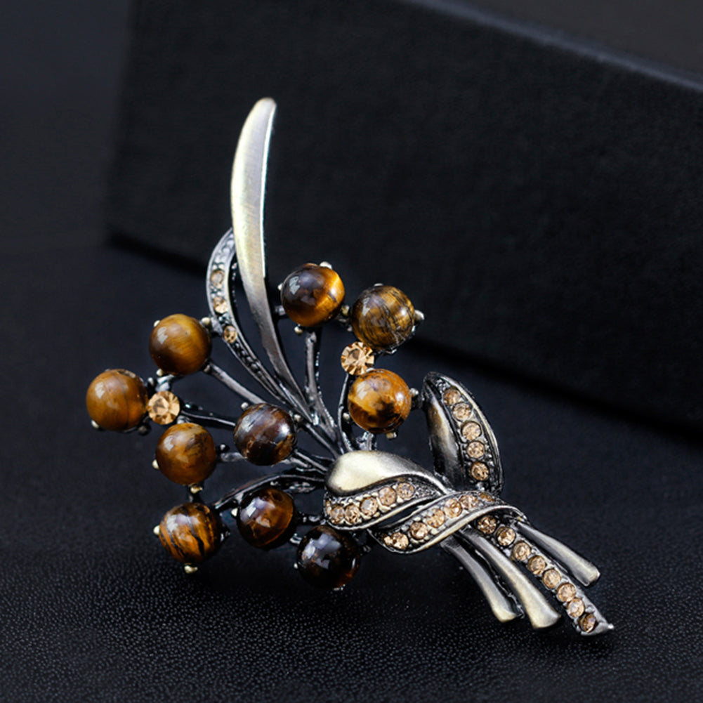 Round Stone Bead Shiny Rhinestone Flower Bouquet Style Women Brooch Pin Jewelry