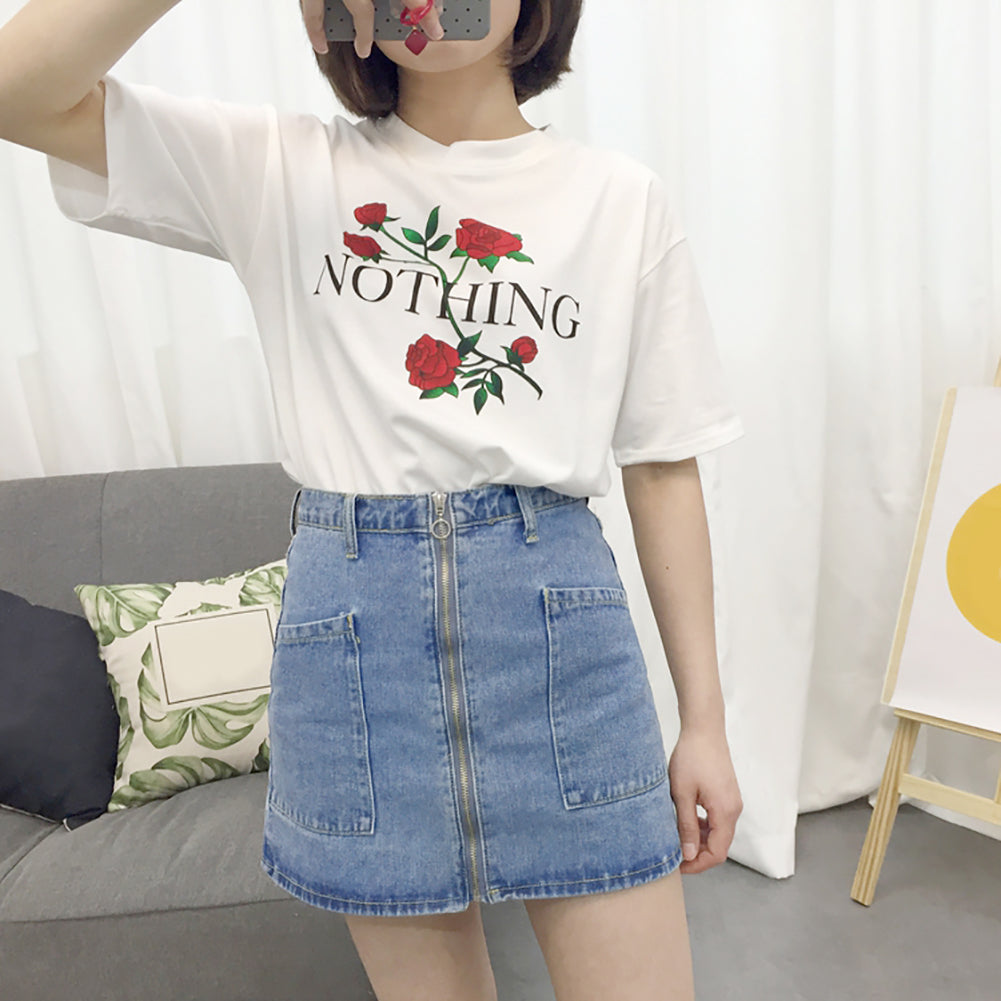 Nothing Letter Print Rose Flower Short Sleeve T-shirt Summer Women's Tee Top