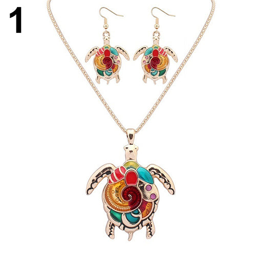 Multi-Color Tortoise Pendant Necklace Turtle Drop Hook Earrings Jewelry Set