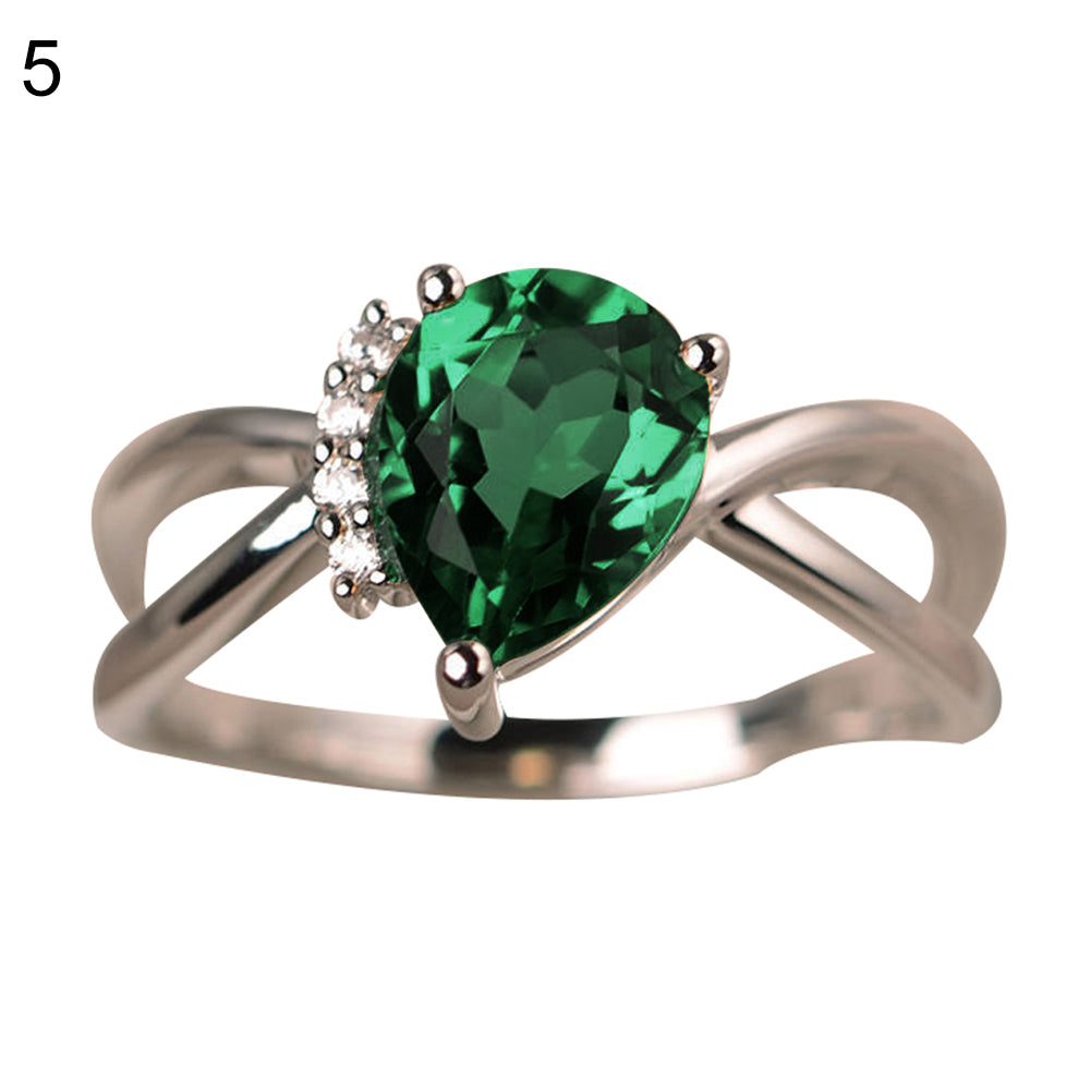 Fashion Women Drop Pear Faux Gem Rhinestone Inlaid Slim Band Party Ring Jewelry